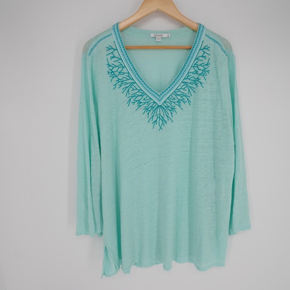 Chico's Tops - Chicos Linen Embroidered Tunic Top Womens XXL (4) Green Beachy Coastal Stretch